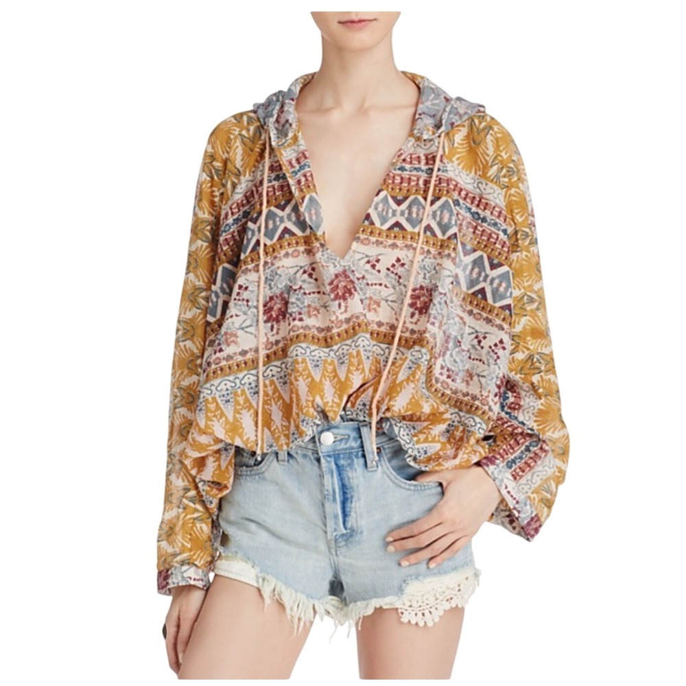Free People Hold On Tight Boho Hoodie S Mixed Print Drawstring Hem‎ Top